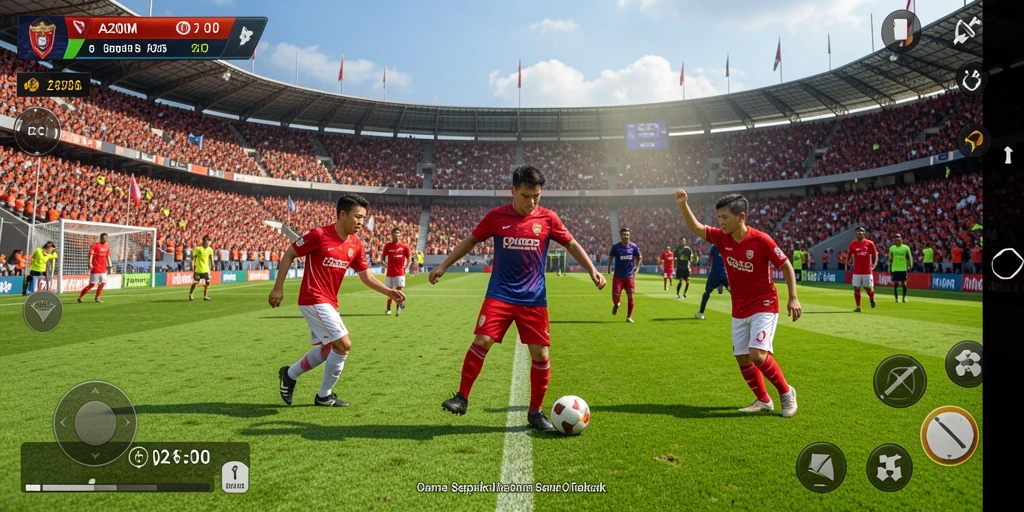 Screenshot utama A200M menampilkan aksi seru dalam game sepak bola.