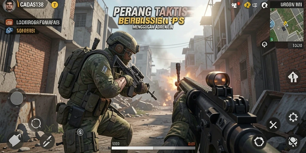 Tangkapan layar gameplay CADAS138 menunjukkan aksi pertempuran yang intens di peta yang detail.