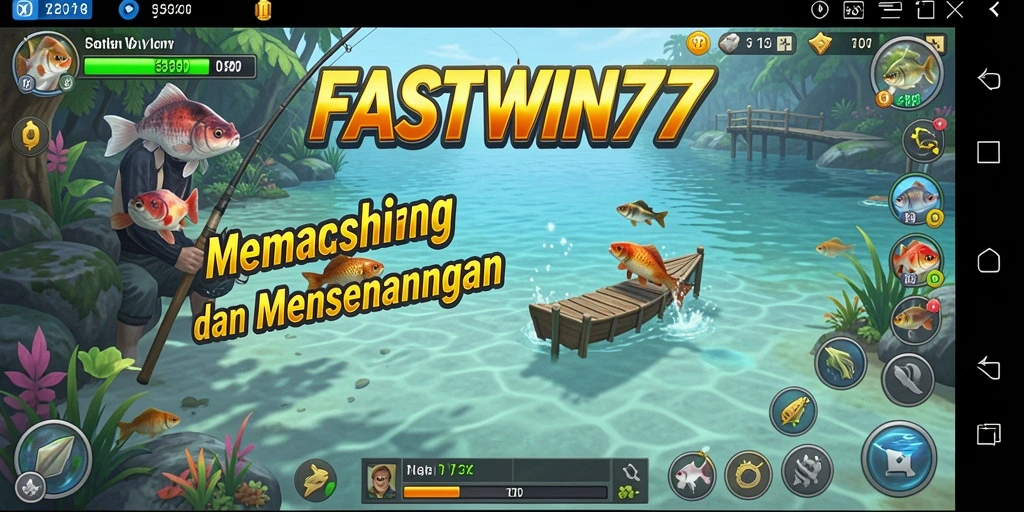 Screenshot menunjukkan pemain menangkap ikan besar di lokasi memancing yang indah.