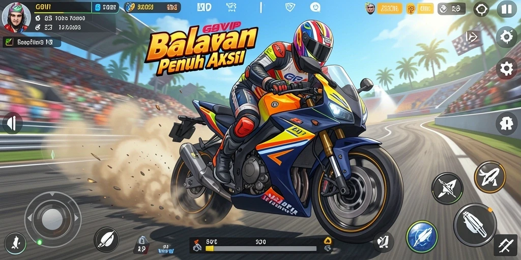 Screenshot utama G9VIP menampilkan aksi balapan motor yang mendebarkan.