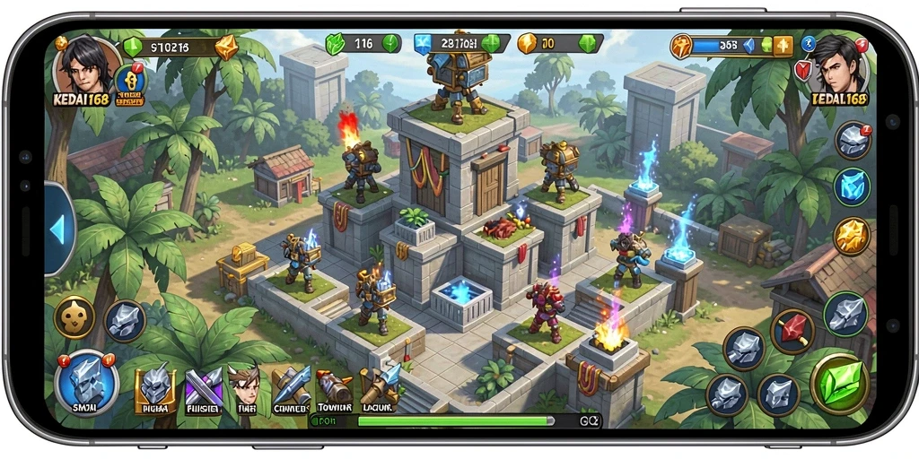 Tampilan gameplay seru dalam KEDAI168 dengan menara bertahan.