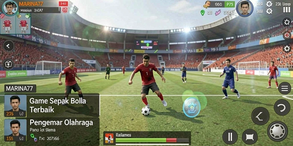 Tampilan layar permainan <strong>MARINA77</strong> yang menunjukkan aksi sepak bola yang intens.